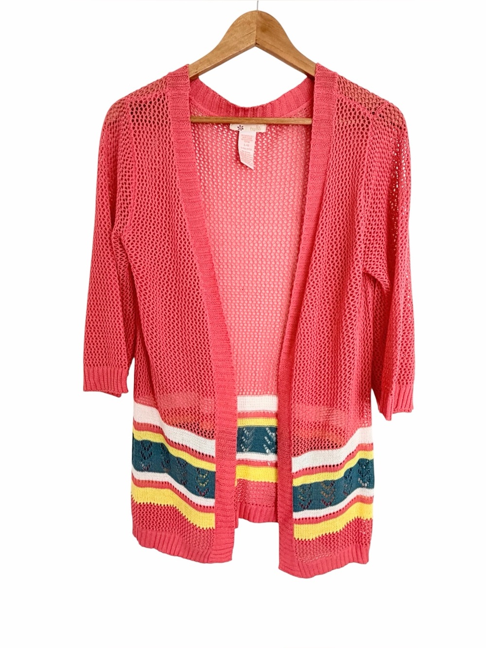 Anthropologie TULLE Coral Open-Front Striped Knit Cardigan Sz L